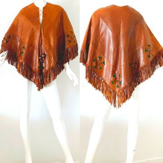 70s Vintage Saks Fifth Avenue France Leather Fringe Beaded Mod Hippie Cape Med 2