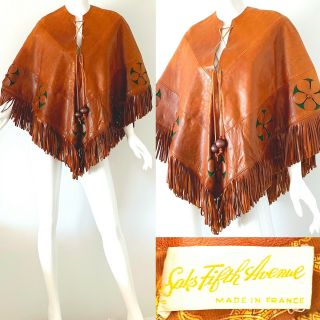 70s Vintage Saks Fifth Avenue France Leather Fringe Beaded Mod Hippie Cape Med 3
