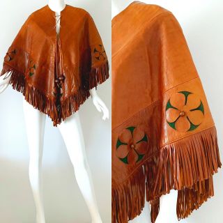 70s Vintage Saks Fifth Avenue France Leather Fringe Beaded Mod Hippie Cape Med 4