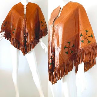 70s Vintage Saks Fifth Avenue France Leather Fringe Beaded Mod Hippie Cape Med 6