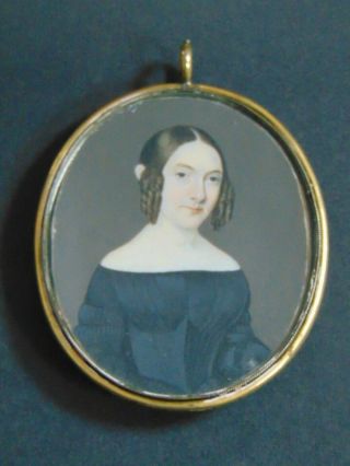 Antique Miniature Painting Of A Young Lady W Braided Lock Of Hair - Early 19thc