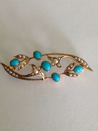 Delightful Art Nouveau 15ct Gold Turquoise & Seed Pearl Set Brooch