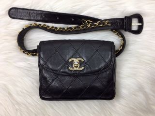 Auth Chanel Quilted Cc Chain Belt Waist Bum Bag Black Leather Vtg Ak25317f
