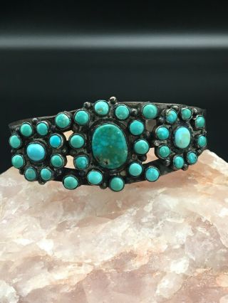 Vintage Native American Turquoise Multi Stone Hand Stamped Silver Bracelet