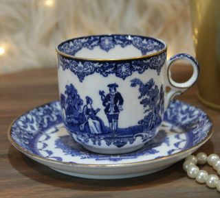 Vintage Royal Doulton Tea Cup & Saucer Set Watteau Flow Blue Ring Shaped Handle