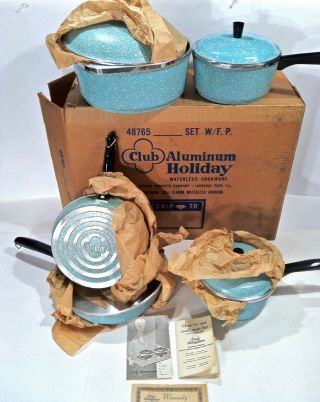 Vintage Club Aluminum Cookware Mardi Gras Blue Speckled 8pc Set Nib Nos