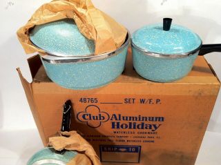 Vintage Club Aluminum Cookware Mardi Gras Blue Speckled 8pc Set NIB NOS 3