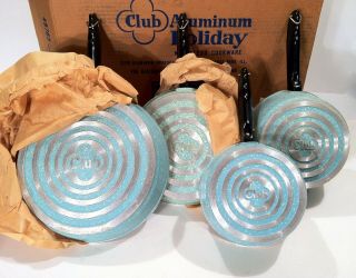Vintage Club Aluminum Cookware Mardi Gras Blue Speckled 8pc Set NIB NOS 7