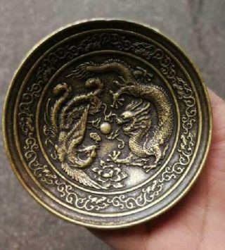 Chinese Old Brass Handmade Carved Dragon And Phoenix Dish Plate