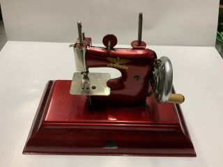 Antique Red Hand Crank Sewing Machine Child’s Toy Casige Germany British Zone