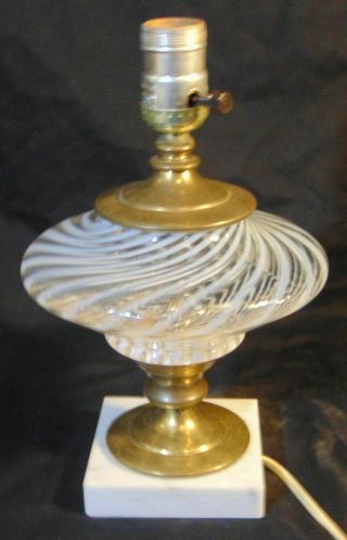 Vintage White Swirl Art Glass Electric Table Lamp On Marble Base 11 "