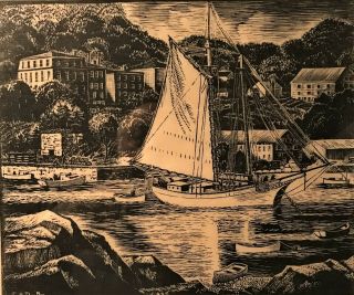 Carrol Thayer Berry Framed Wood Engraving The Windjammer - Rockport,  Maine