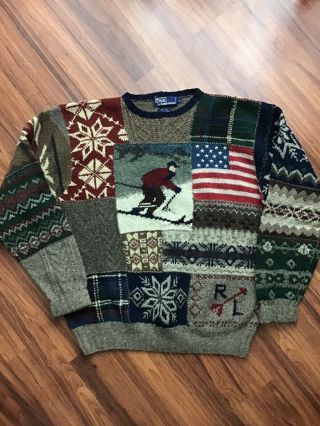 Vintag Polo Ralph Lauren Ski Flag Patchwork Knit Sweatshirt L Large Euc