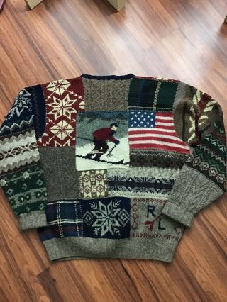 Vintag Polo Ralph Lauren Ski Flag Patchwork Knit Sweatshirt L Large EUC 3