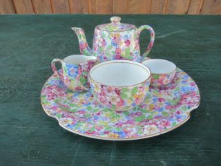 Vintage James Kent Apple Blossom Chintz Breakfast Set Tray Teapot Cup Cream Suga