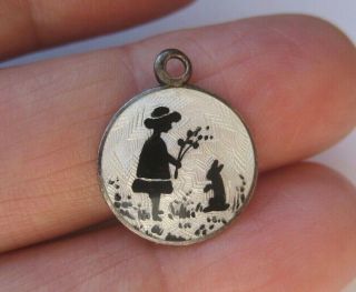 Antique Art Nouveau 835 S Enamel Charm W Girl Holding Flowers & Bunny Rabbit