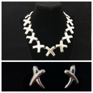 Vintage Taxco Sterling Silver 925 Kiss X’s Necklace Earrings Signed Demi Parure