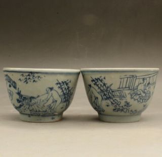 Pair Chinese Old Hand - Made Blue And White Porcelain Figure Story Teacup