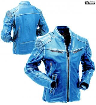 Mens Blue Vintage Biker Motorcycle Cafe Racer Distressed Leather Jacket