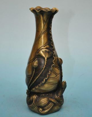 Chinese Old Fengshui Copper Hand - Carved Fish Lotus Leaf Vase /daqing Mark E01