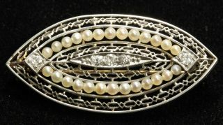 Antique Victorian Platinum Diamond & Seed Pearl Row Filigree Brooch Pin