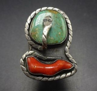 Wonderful Vintage Taxco Mexico Sterling Silver Coral Turquoise Snake Ring Sz 8.  5