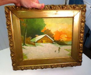 Antique Folk Art Oil Painting Snowy Cottage Hunter & Dog Ornate Gold Gesso Frame