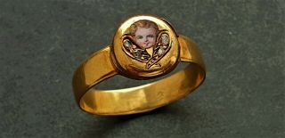 Antique 18ct Solid Gold French/swiss Enamel Old Cut Diamond Baby Locket Ring