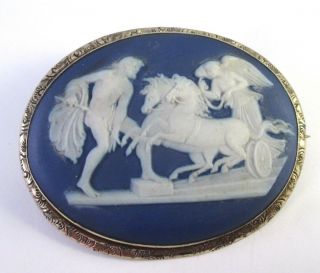 Large Antique Vtg Victorian Wedgwood Large Blue Gold Filled Pin Brooch