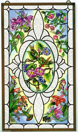 Vintage Hummingbirds Trumpet Flowers Scroll 13x23 Stained Glass Panel
