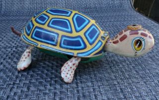 50s Tps Japan Walking Turtle With Hat Tin Wind Up Toy Litho -
