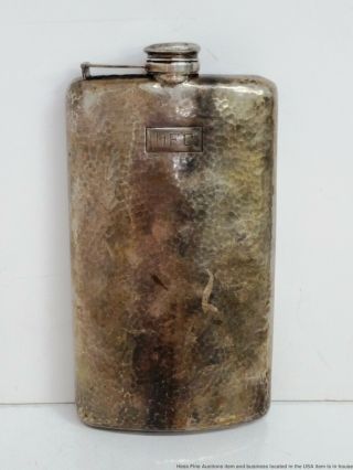 Largest Sterling Silver Arts Crafts Hand Hammered Liquor Hip Flask 1 Pint Dfc