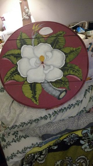 Vintage 15 " Round Wood Cheese Box Top Hand Painted Magnolia Blossom