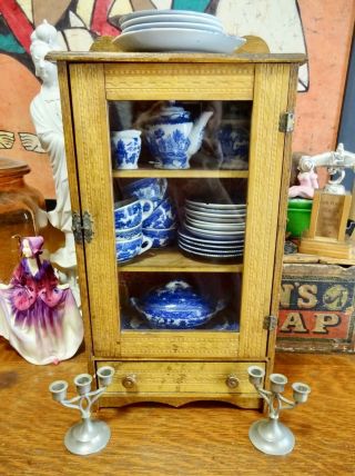 Vintage Blue Willow Japan Tea Set W/ Antique Solid Wood Miniature China Cabinet