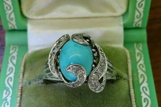Vintage Palladium Antique Art Deco 1920s Sleeping Beauty Turquoise Diamond Ring
