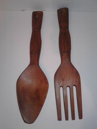 Vintage Hand Carved Wooden Tiki Spoon And Fork Large 12 Inch Wall Decor Set