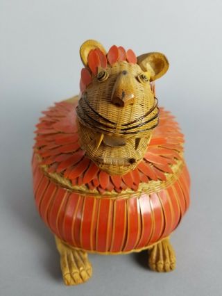 Rare Estate Vintage Chinese Export Zhejiang Hand made Lion Wicker Lidded Basket 2