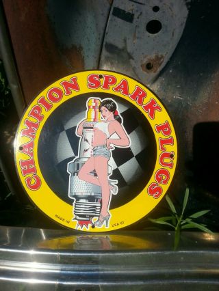 Vintage 1961 Champion Spark Plug Porcelain Sign Gas Pump Oil Battery Pin Up