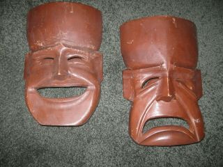 Vintage Hand Carved Wooden Masks 10 1/4 " Tall Comedy / Tragedy - Philippines