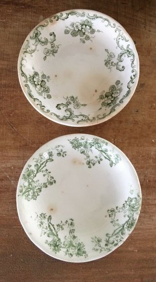 2 Antique Primitive White Ironstone Green Transferware Butter Pat Farmhouse