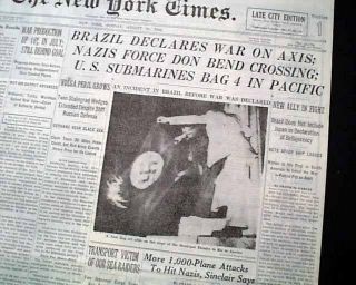 Brazil Getulio Vargas Declaration Of War On Axis World War Ii 1942 Old Newspaper