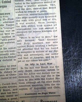 BRAZIL Getulio Vargas Declaration of War on Axis World War II 1942 Old Newspaper 4