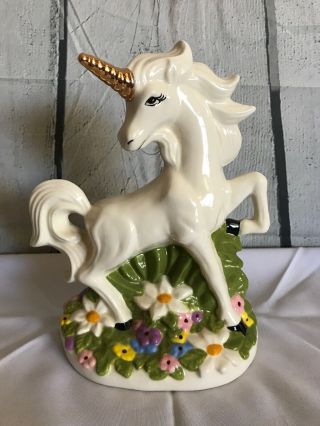 9” Unicorn Ceramic Figure Hand Painted Floral Rearing White Gold Horn Vintage