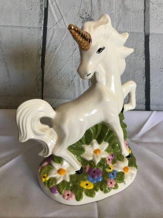 9” UNICORN Ceramic Figure Hand Painted Floral Rearing White Gold Horn VINTAGE 2