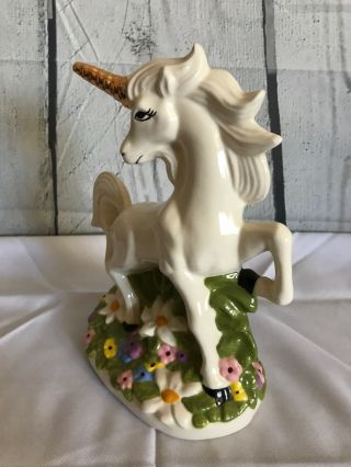 9” UNICORN Ceramic Figure Hand Painted Floral Rearing White Gold Horn VINTAGE 3
