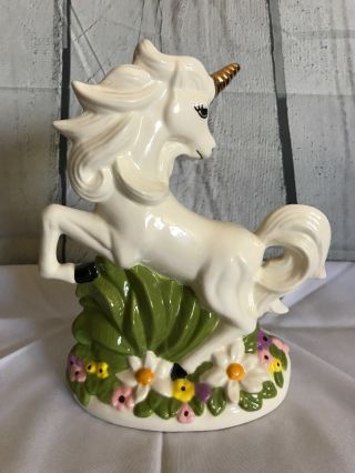 9” UNICORN Ceramic Figure Hand Painted Floral Rearing White Gold Horn VINTAGE 4