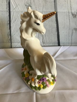 9” UNICORN Ceramic Figure Hand Painted Floral Rearing White Gold Horn VINTAGE 5