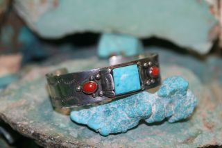 Vintage Navajo Cuff Bracelet Kingman Turquoise And Coral,  925 Signed: M V