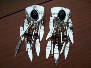 Tabra Onyx Tribal Sterling Silver Shield Feather Dangles Coral Bead Vtg Earrings