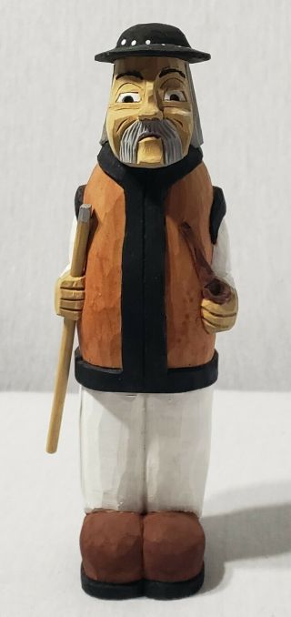 Vintage Wood Carved Man W/ Pipe & Cane Figure Statue Folk Art Hand Painted Rare